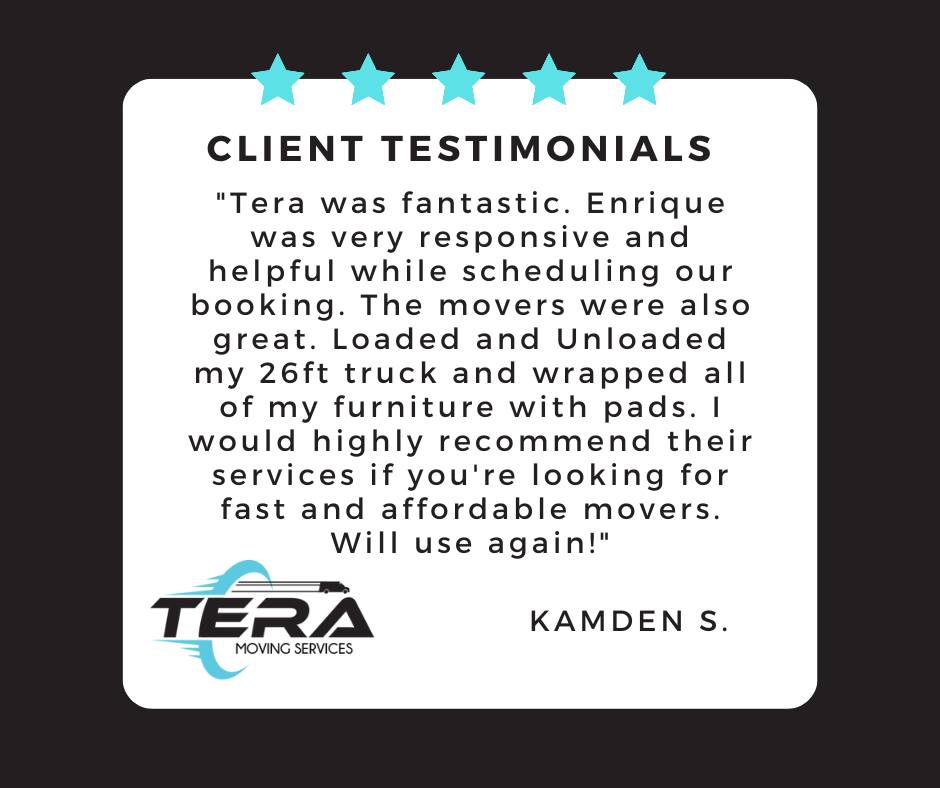 Customer testimonial for moving services by Tera Moving Services in Memorial Houston Texas